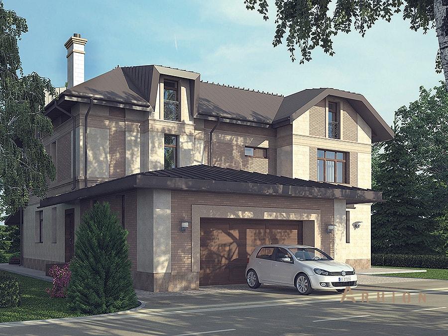 2. Проект двухэтажного дома в европейском стиле с четырехскатной, av-544, площадью - 544 кв c мансардой, терассой, гаражом, эркером